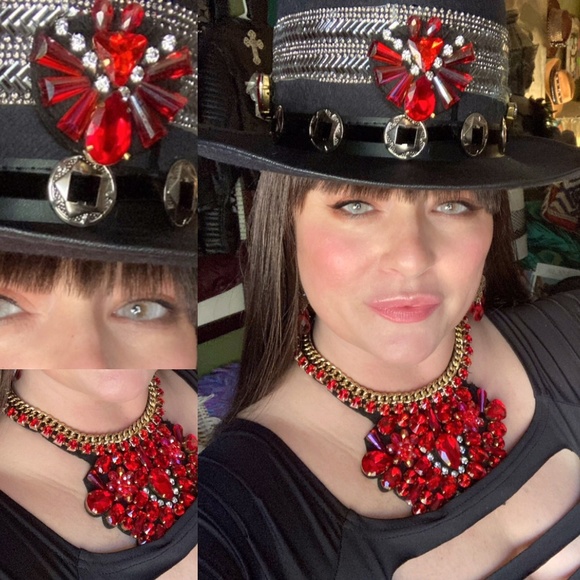Custom Designed Red Bejeweled Hat & Necklace Set